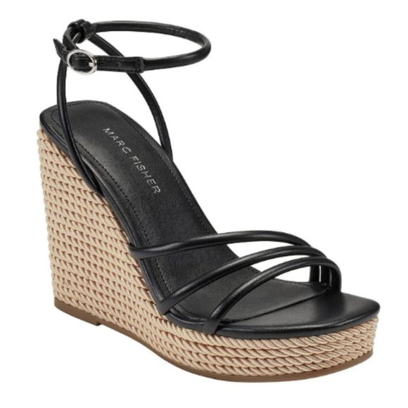 Marc Fisher Shoes - Marc Fisher 'Zeki' Platform Wedge Black Leather Espadrille Sandals Sz 10M